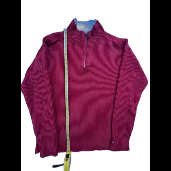 Tommy Hilfiger Men’s Red Blue Cable Knit Sweater Quarter Zip Size XL READ - Picture 6 of 10